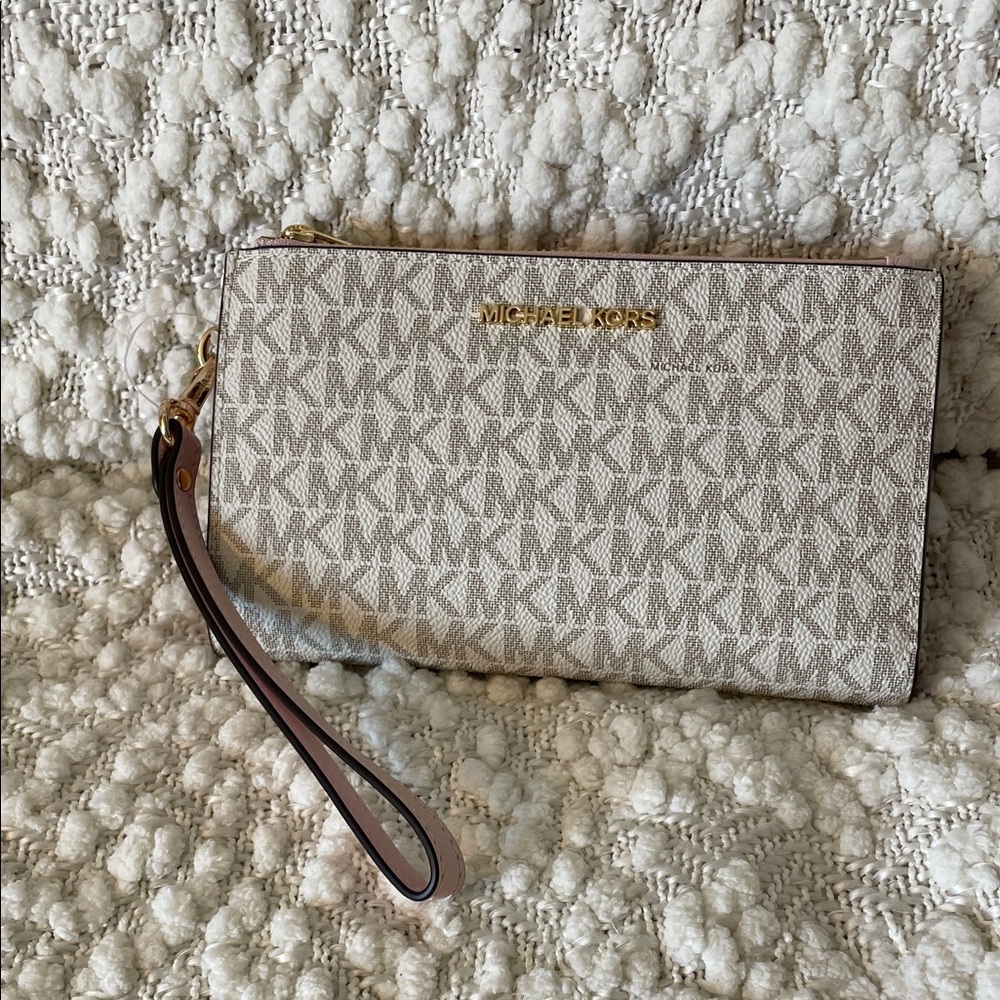 Michael Kors Monogram Wristlet in Cream, Pink and Gold